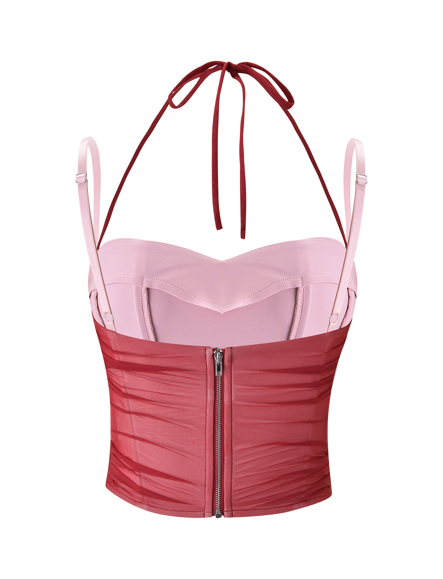 The TIGERMIST CALINE RUCHED CORSET in red features a cropped bustier style with a sweetheart neckline, halter neck tie, adjustable straps, sheer ruched fabric, and a back zipper, shown on a white background.