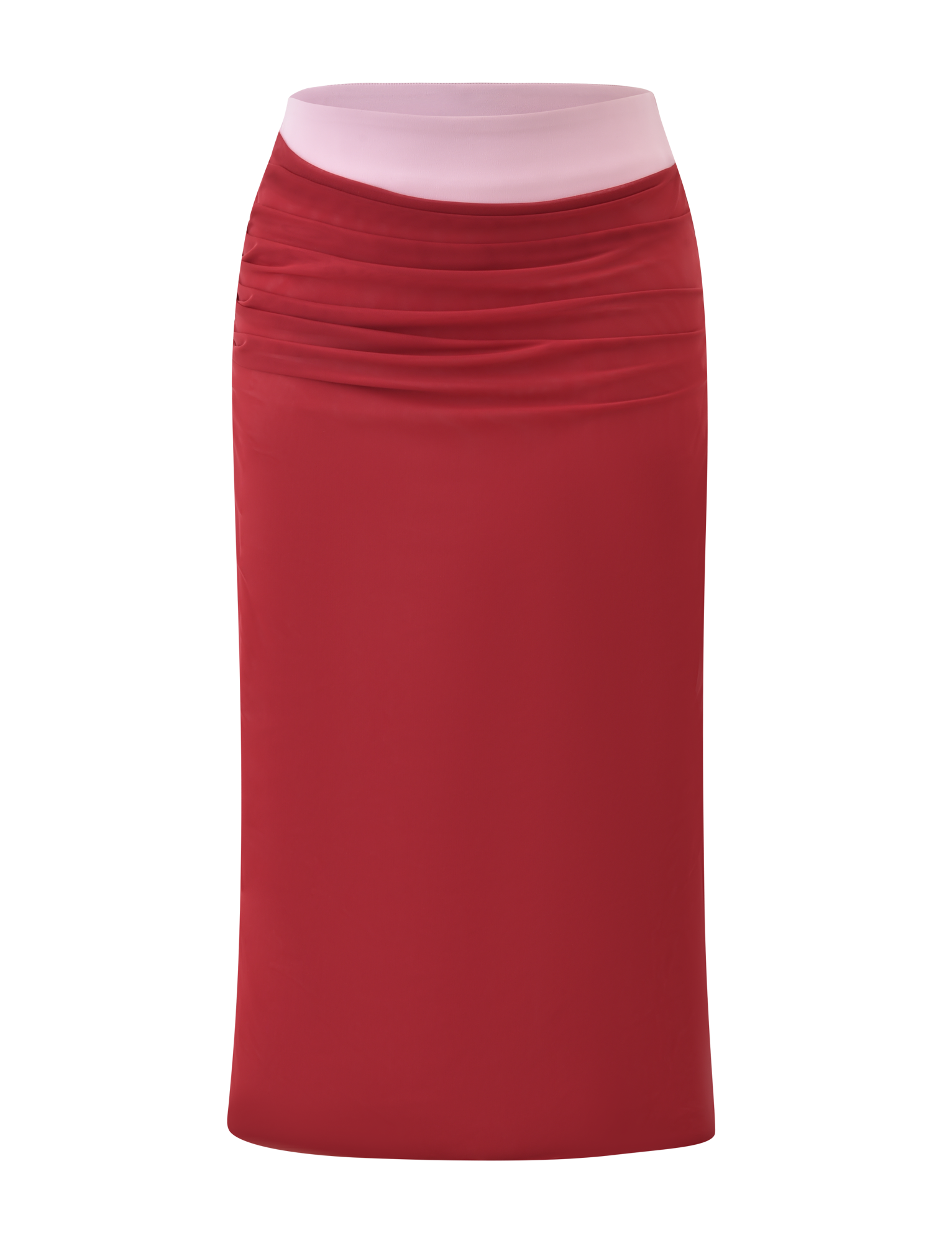 The CALINE MIDI SKIRT - RED by TIGERMIST is a knee-length, color block midi skirt with gentle ruching at the top and a contrasting light pink waistband, shown against a white background.