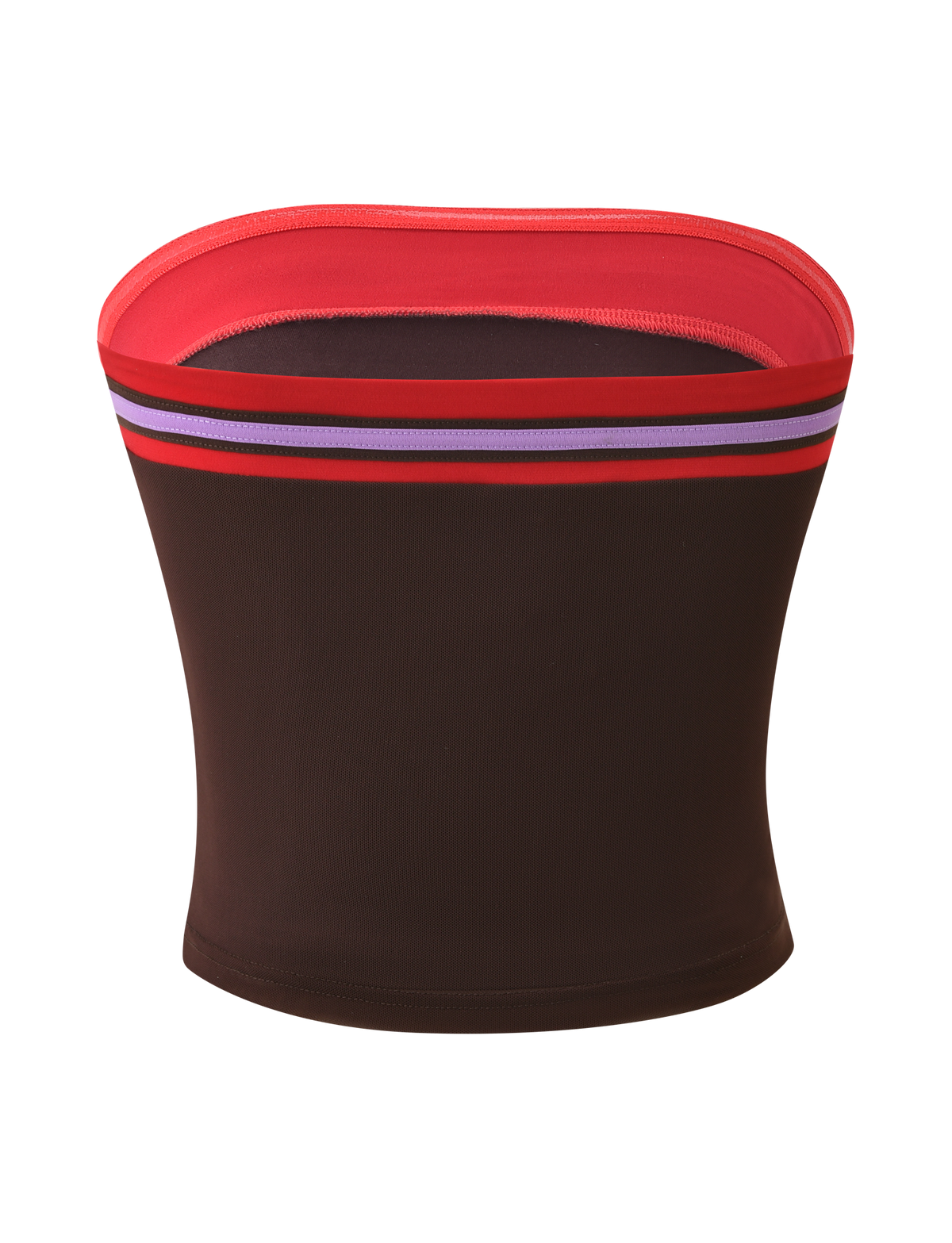 The TIGERMIST SERAH DIAMANTE BOOB TUBE - CHOCOLATE is a strapless, fitted brown top with a red upper edge, purple and red stripes near the top, an exclusive print, and photographed against a plain white background.