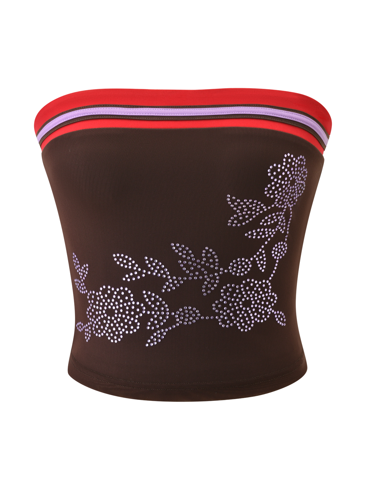 The SERAH DIAMANTE BOOB TUBE by TIGERMIST features a chocolate mesh fabric with a white floral dot design on the front and a red, purple, and white striped band at the top.