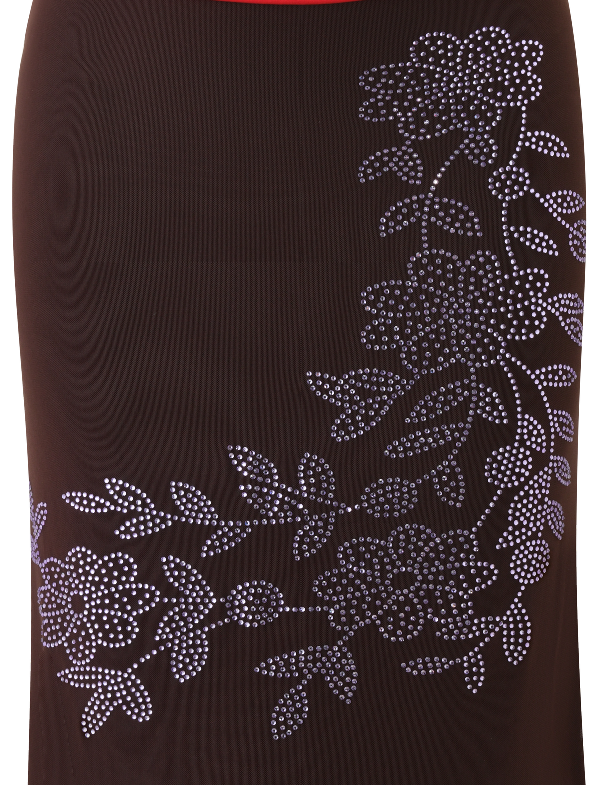 The SERAH DIAMANTE MIDI SKIRT - CHOCOLATE by TIGERMIST features chocolate brown mesh adorned with elegant floral diamante artwork and sparkling rhinestones, creating a chic 90's-inspired column silhouette.