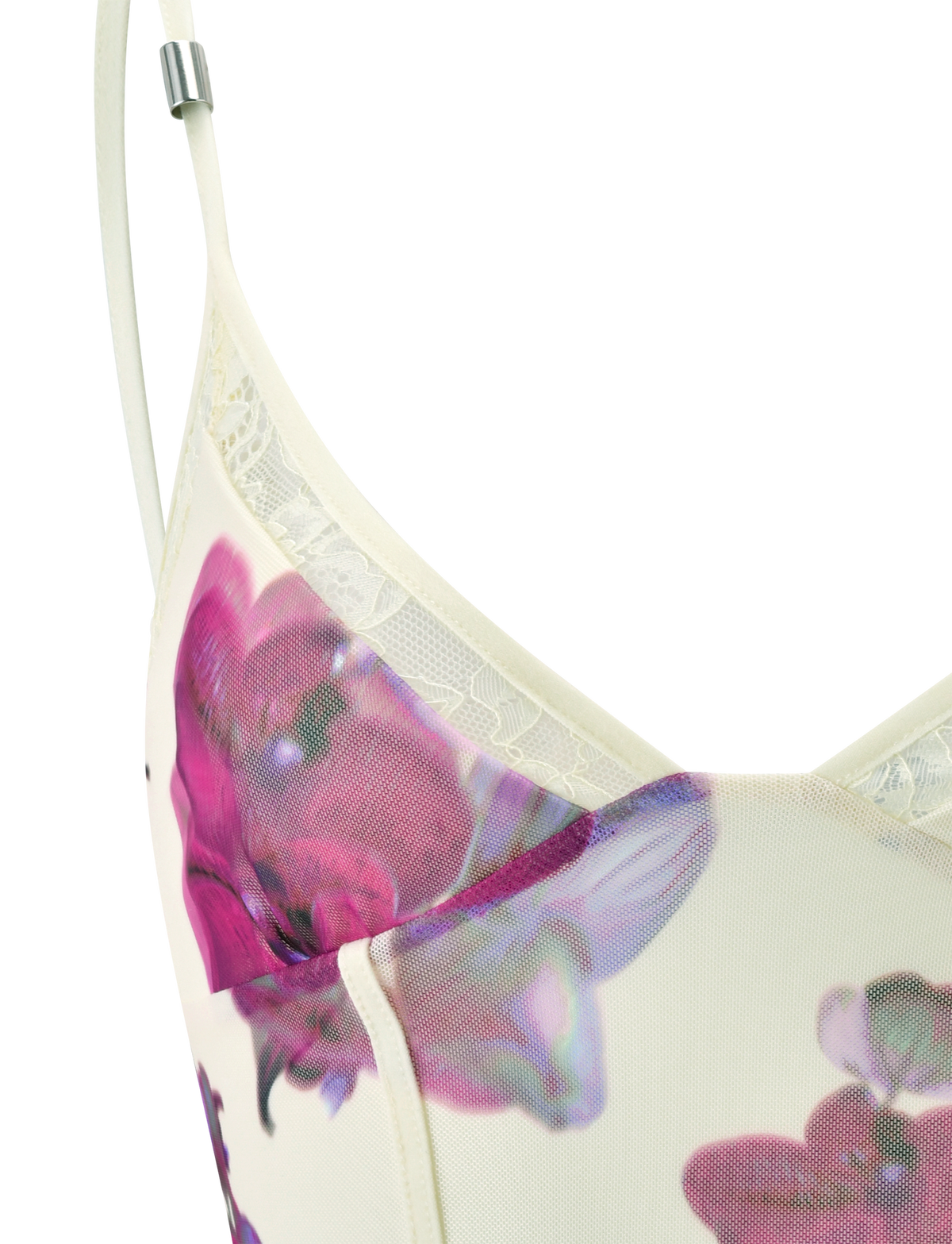 Close-up of the TIGERMIST LILIAH PANEL CAMI TOP in Orchid Haze, featuring thin straps, a purple and pink floral print, and delicate lace trim along the neckline.