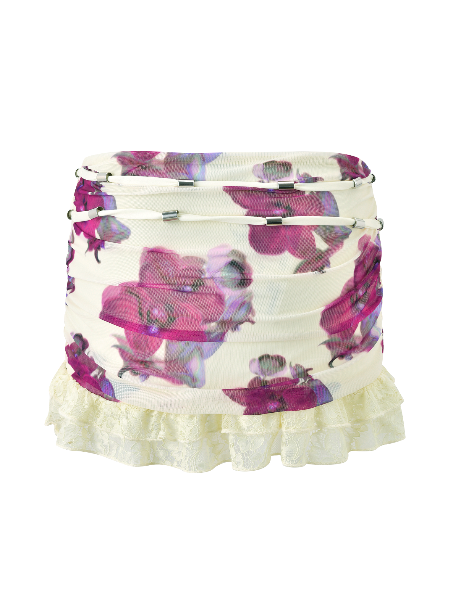 The TIGERMIST LILIAH MINI SKIRT - ORCHID HAZE is a white ruched mini with a bold orchid print, metallic details, and a cream lace ruffle hem for added charm.