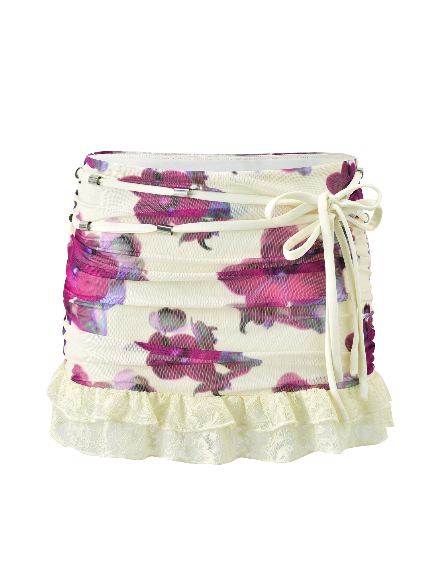 The TIGERMIST LILIAH MINI SKIRT - ORCHID HAZE features a cream floral mesh with pink orchid print, ruched sides, side tie detail, and a ruffled lace hem.