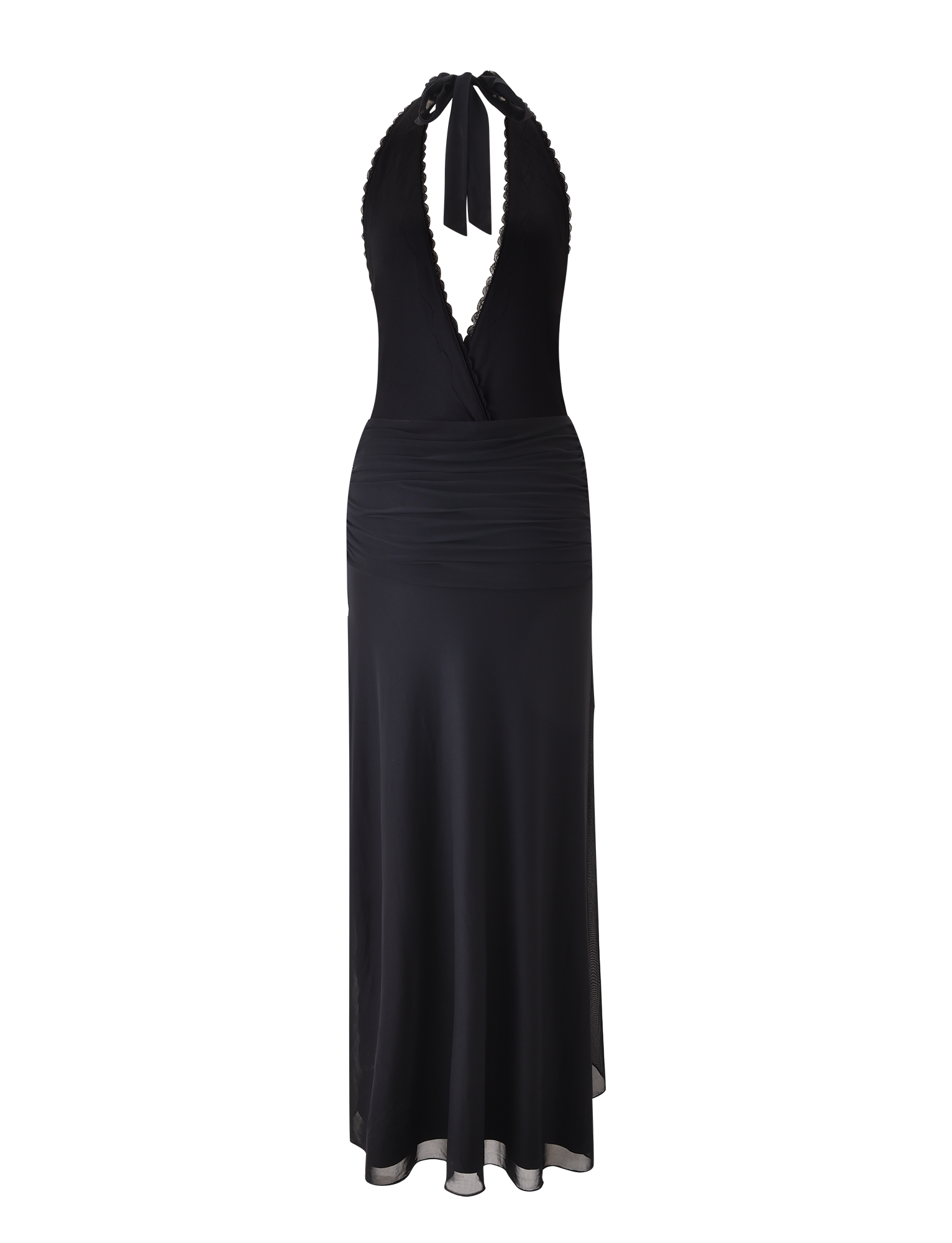 The TIGERMIST CORELLE DRESS - BLACK is a sleeveless, floor-length maxi dress featuring a plunging neckline, ruched waist, neck tie detail, and smooth, slightly shiny fabric for a striking look.