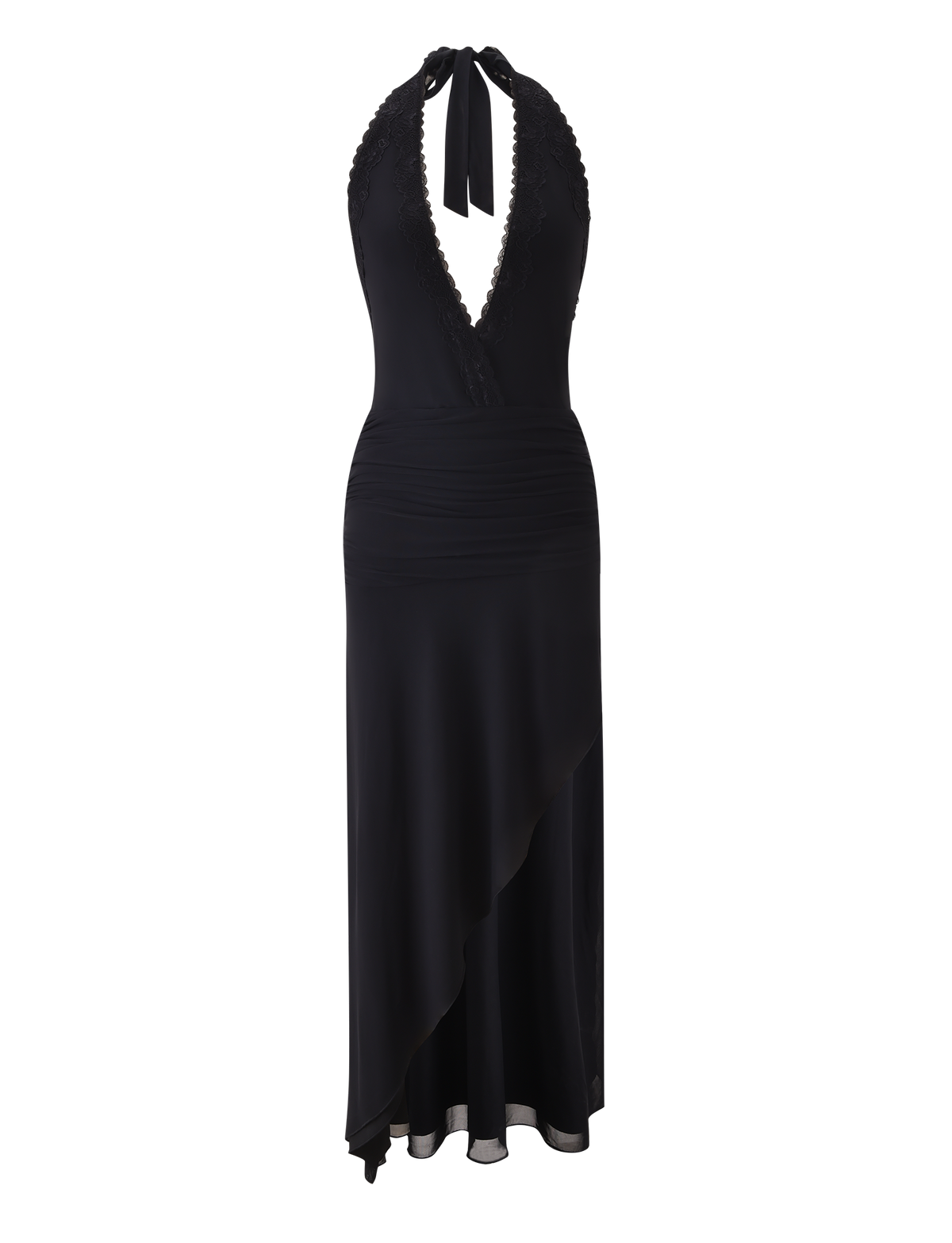 The CORELLE DRESS - BLACK by TIGERMIST is a sleeveless, backless maxi dress featuring a halter neck, deep V-neckline, ruched bodice, and asymmetrical hem—an elegant choice for making a statement.