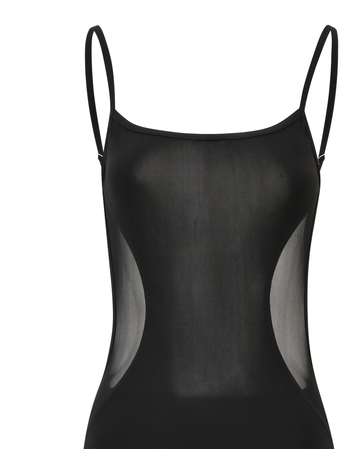 A close-up of the TIGERMIST XINIA MAXI DRESS in black, featuring adjustable shoulder straps and mesh side panels, displayed on a white background.
