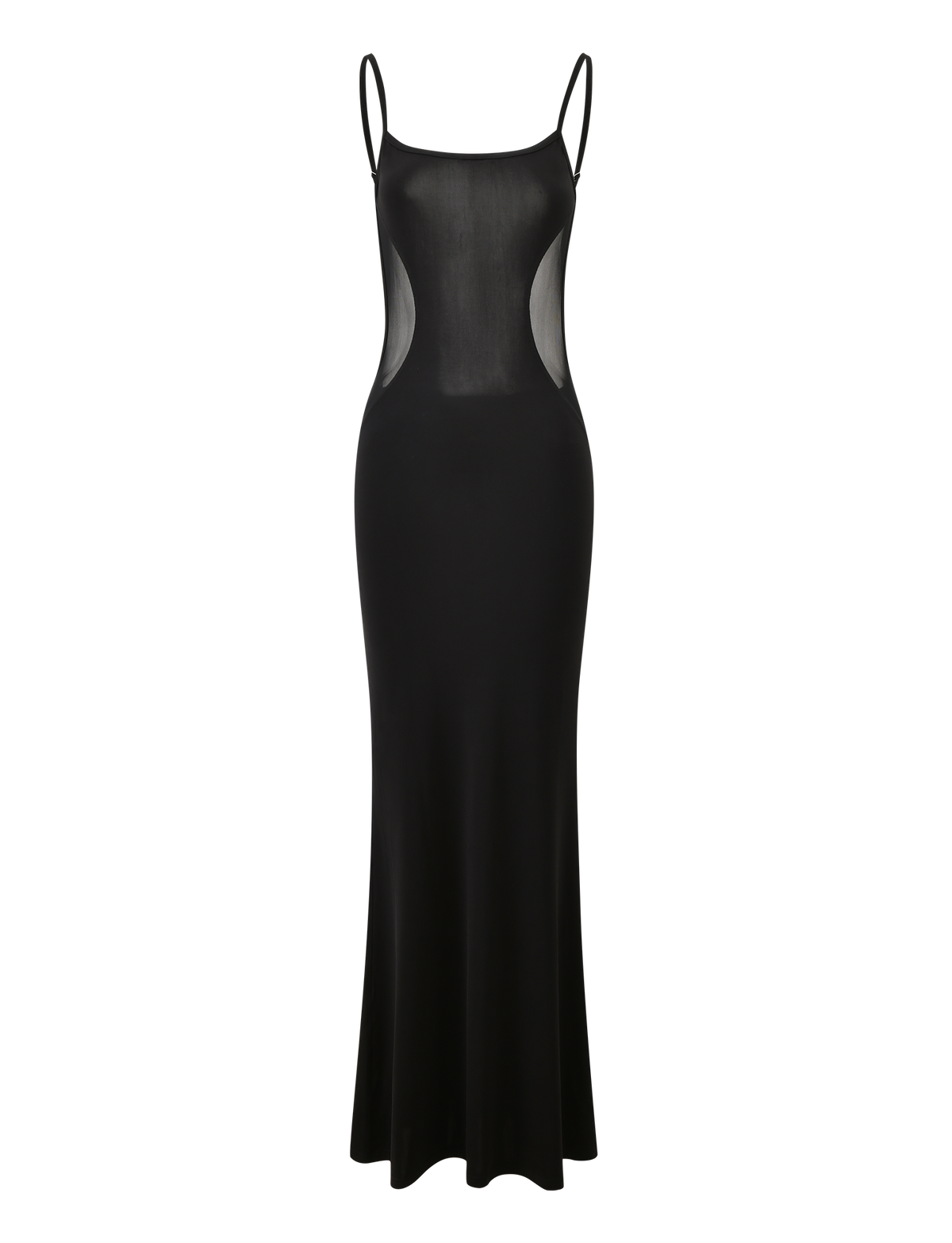 The XINIA MAXI DRESS - BLACK by TIGERMIST is a sleeveless, floor-length dress with thin adjustable straps and sheer mesh side panels, shown on a plain white background.