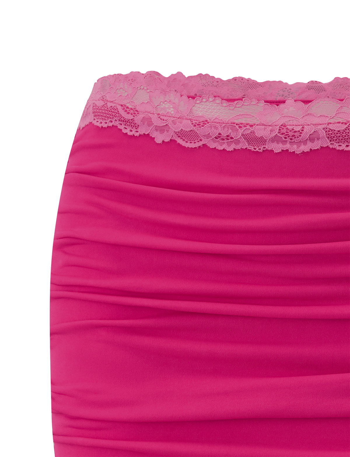 Close-up of the TIGERMIST PERSI MINI SKIRT in magenta, showcasing ruched fabric and a lace trim along the top edge.