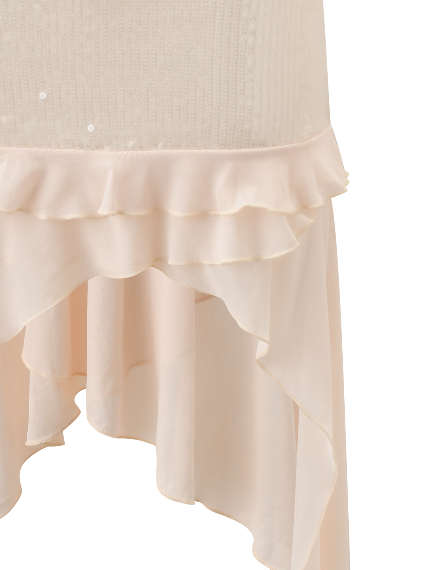 Close-up of the TIGERMIST WILLAH DRESS in cream, featuring a knit bodice, adjustable spaghetti straps, and an asymmetrical layered ruffled chiffon hem. Lightweight and delicate fabric.
