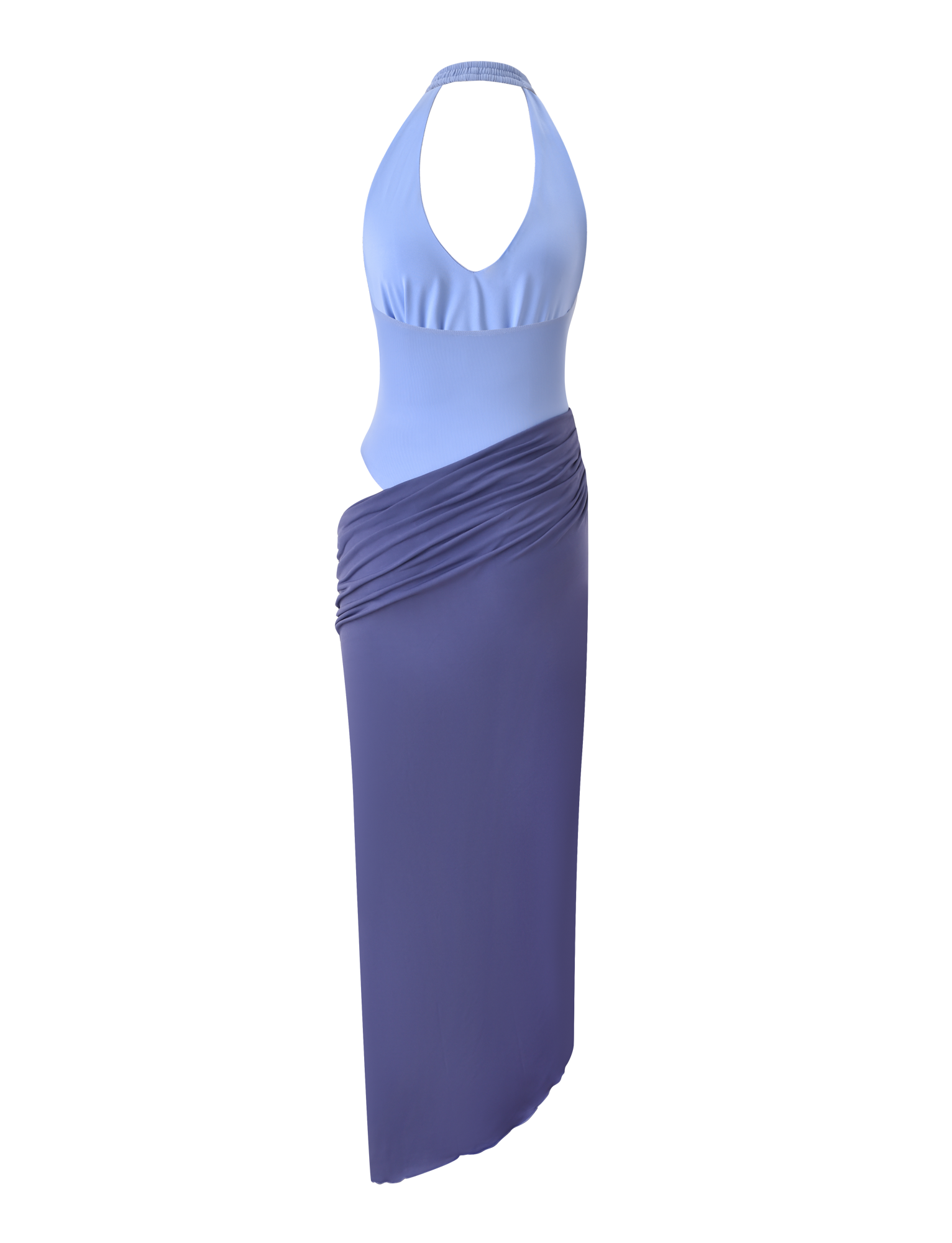 The TYANA MAXI DRESS - CORNFLOWER by TIGERMIST is a sleeveless halter neck maxi dress with a light blue fitted top and a ruched deep blue skirt, shown on a white background.