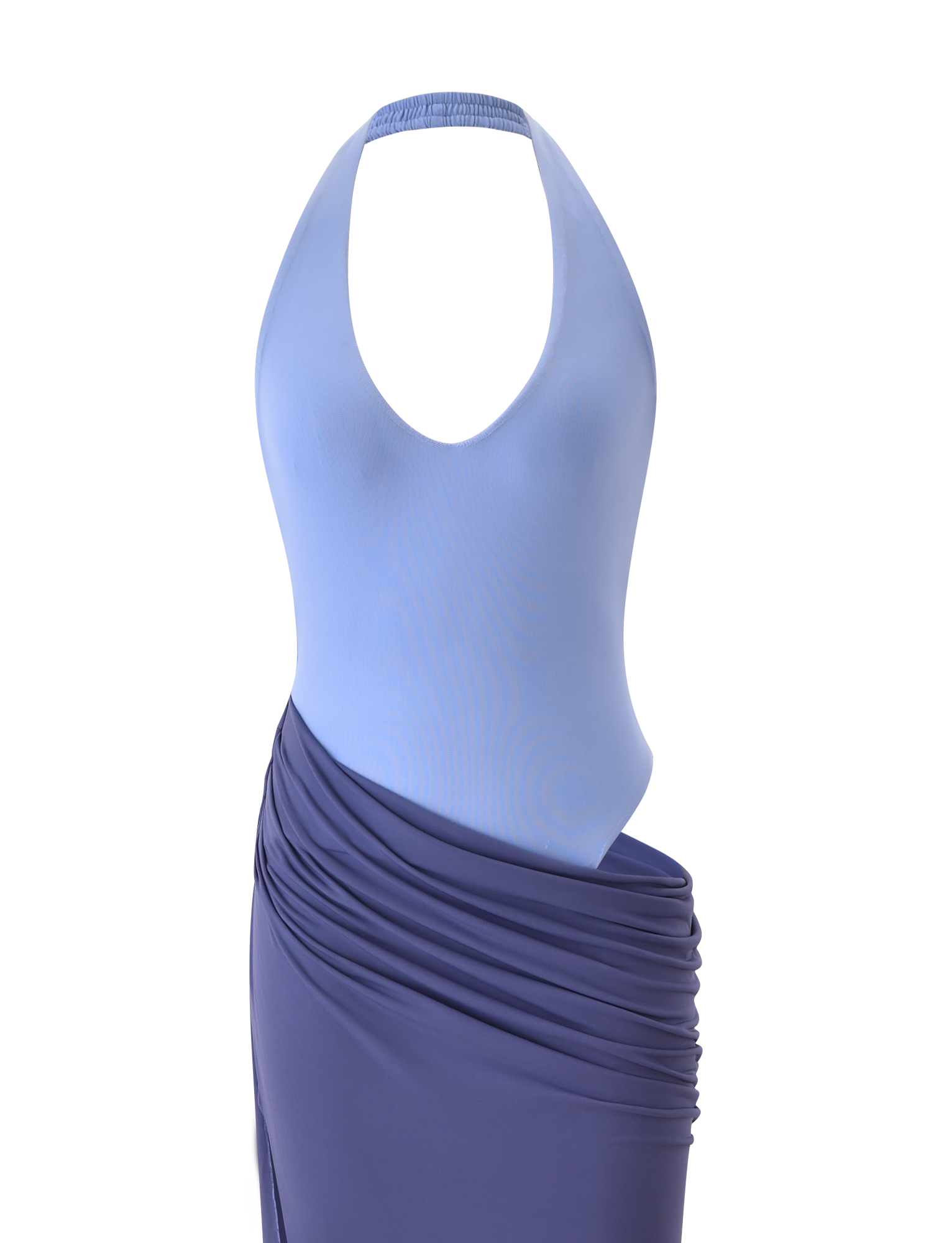 The TIGERMIST TYANA MAXI DRESS - CORNFLOWER is a halter neck maxi featuring a light blue fitted bodice with plunging neckline and deep blue, draped ruched skirt, shown on a white background.