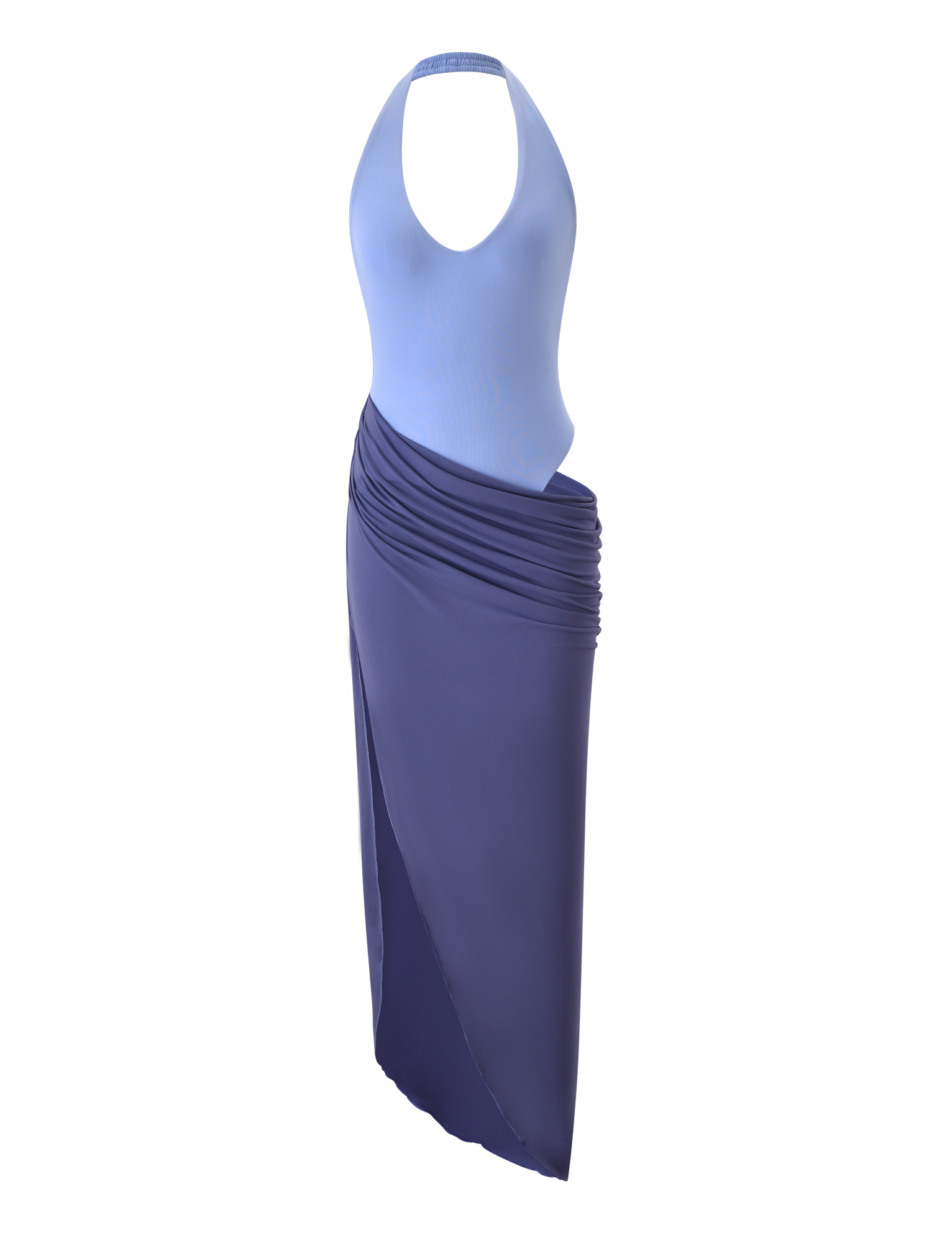 The TIGERMIST TYANA MAXI DRESS - CORNFLOWER is a sleeveless halter neck dress with a bodysuit-style top and a long, dark blue asymmetrical ruched skirt, shown on a white background.