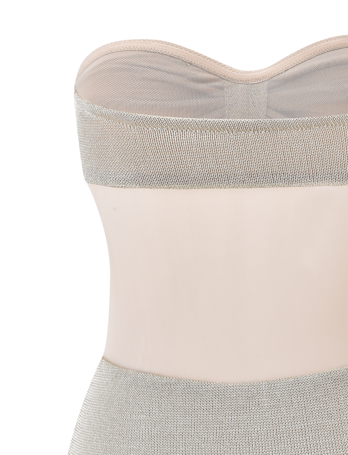 Close-up of the TIGERMIST ESTE MINI DRESS - CHAMPAGNE, featuring a strapless sweetheart neckline and structured bodice with metallic textured panels in silver and nude semi-sheer mesh. Plain white background.