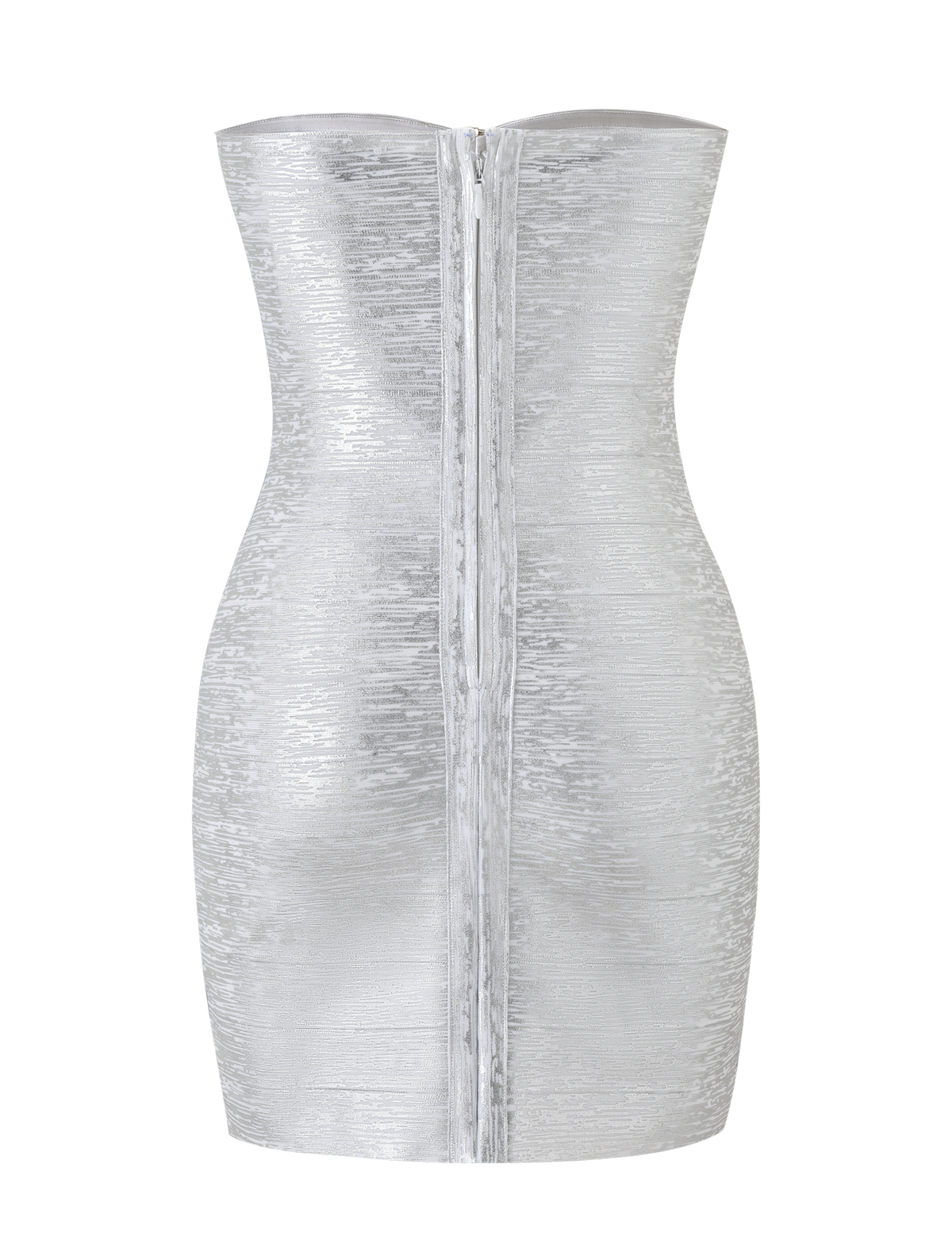 The NIYA BANDAGE DRESS in Liquid Silver by TIGERMIST features a strapless sweetheart neckline, fitted mini silhouette, visible back zipper, and a textured metallic shine for a bold bodycon look.
