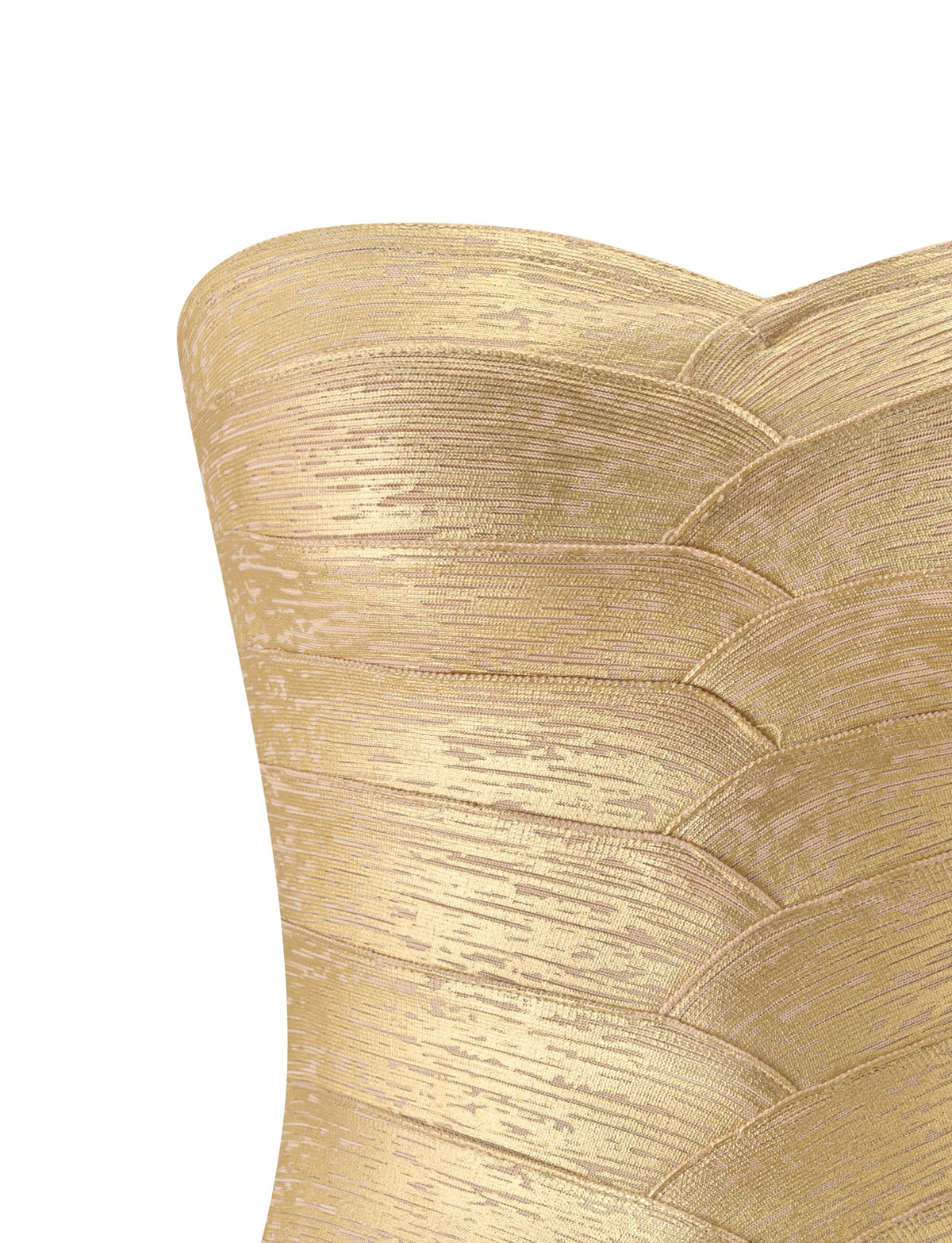 Close-up of the NIYA METALLIC BANDAGE TOP by TIGERMIST in gold, featuring a textured, layered design and shiny fabric, styled here as a strapless dress.