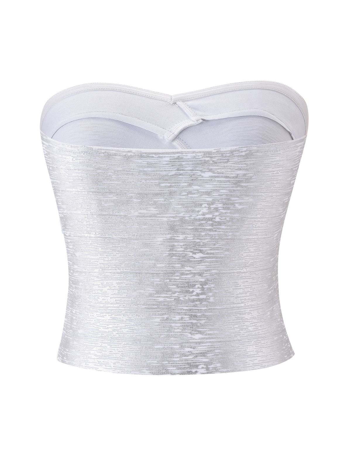 The NIYA METALLIC BANDAGE TOP - LIQUID SILVER by TIGERMIST features a subtle textured pattern and a flattering sweetheart neckline, showcased against a plain white background.