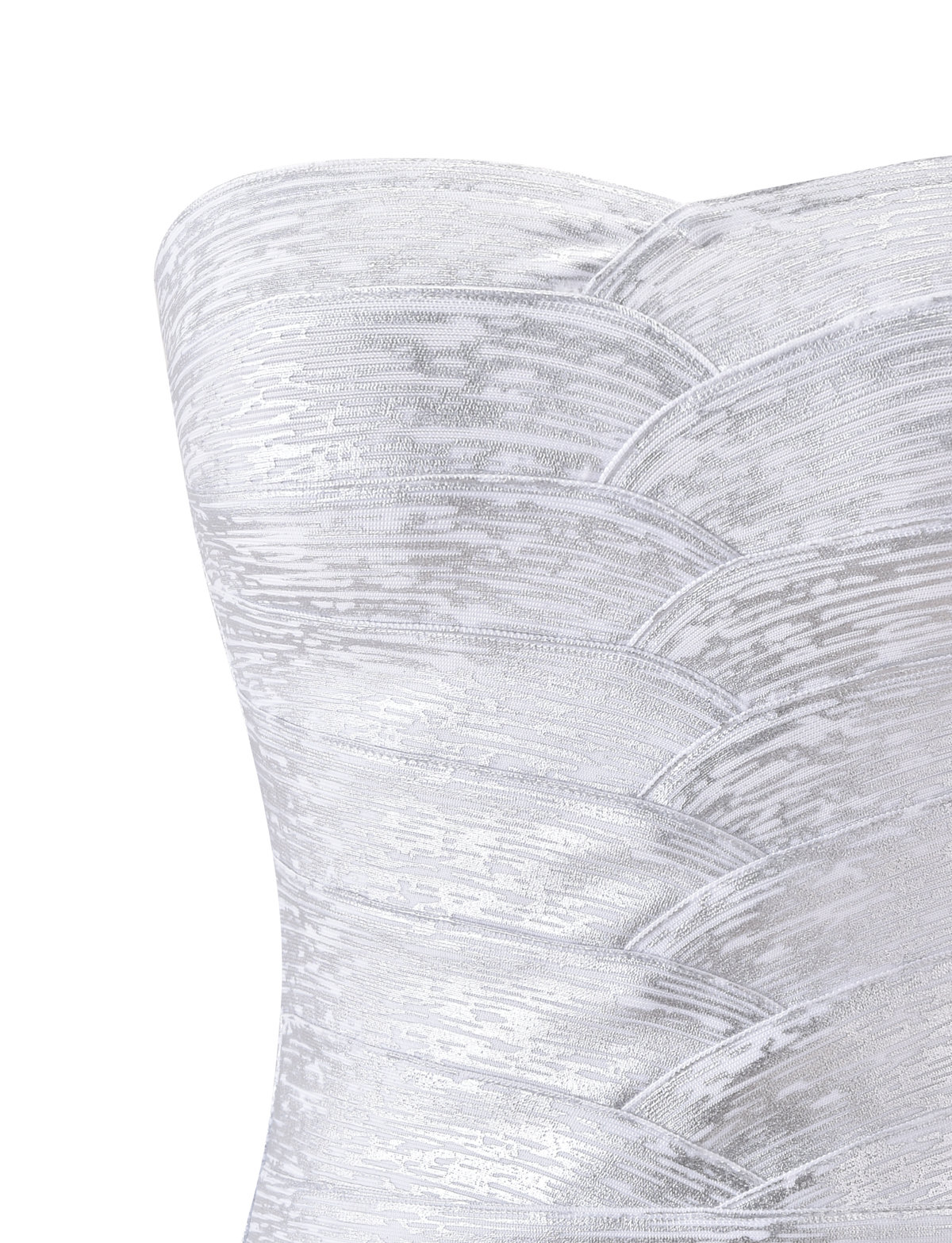 Close-up of the TIGERMIST NIYA METALLIC BANDAGE TOP in liquid silver, featuring a strapless design with textured, layered panels and a sweetheart neckline. The top has a subtle sheen and is set against a plain, light background.