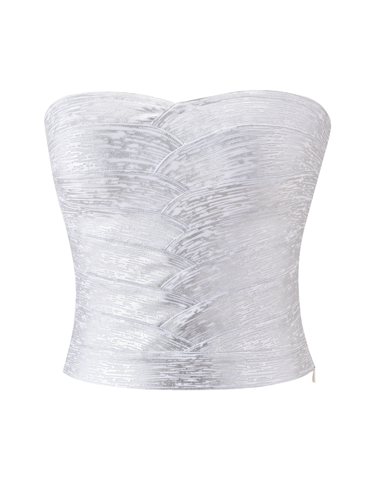 The TIGERMIST NIYA METALLIC BANDAGE TOP in Liquid Silver features a strapless, sweetheart neckline and textured pattern, shown against a plain white background.