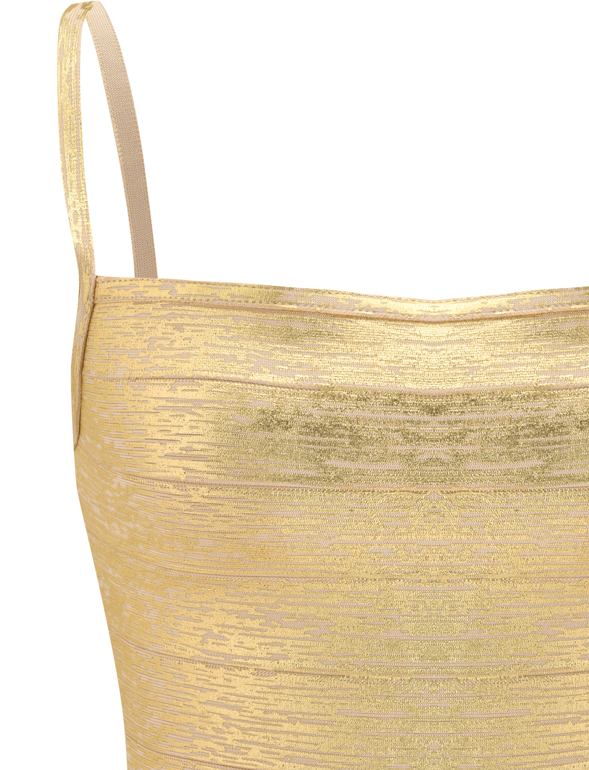 Close-up of the TIGERMIST MIDORI METALLIC BANDAGE TOP in gold, featuring thin spaghetti straps, a chic square neckline, and a subtle textured pattern with a shiny, shimmering finish.