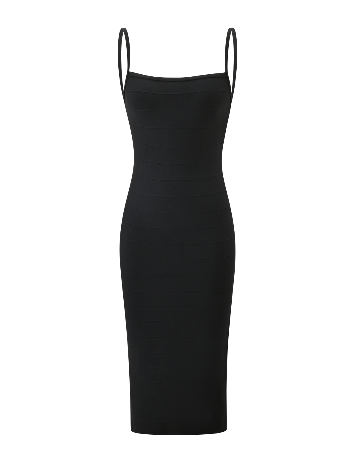 The TIGERMIST MIDORI MIDI BANDAGE DRESS in black features a sleeveless, form-fitting design with thin spaghetti straps and a straight neckline, shown against a white background.