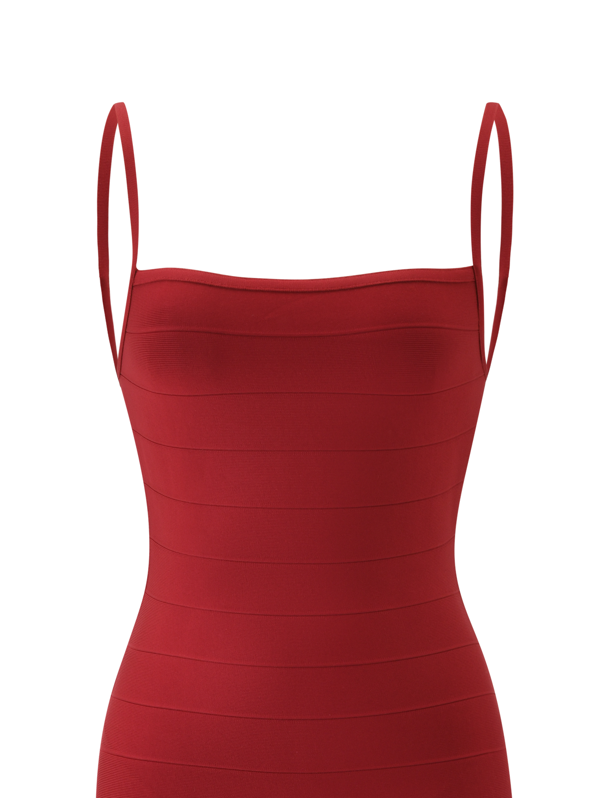 The TIGERMIST MIDORI MIDI BANDAGE DRESS - CHERRY is a fitted, sleeveless cherry red midi dress with spaghetti straps and a cinching bandage design, shown on a white background.