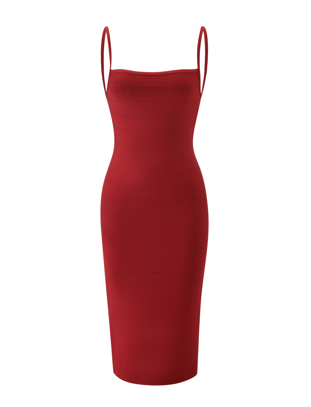 The MIDORI MIDI BANDAGE DRESS - CHERRY by TIGERMIST is a sleeveless, fitted cherry red midi dress with spaghetti straps and a straight neckline, detailed with horizontal banding for a waist-cinching effect. Displayed on a white background.