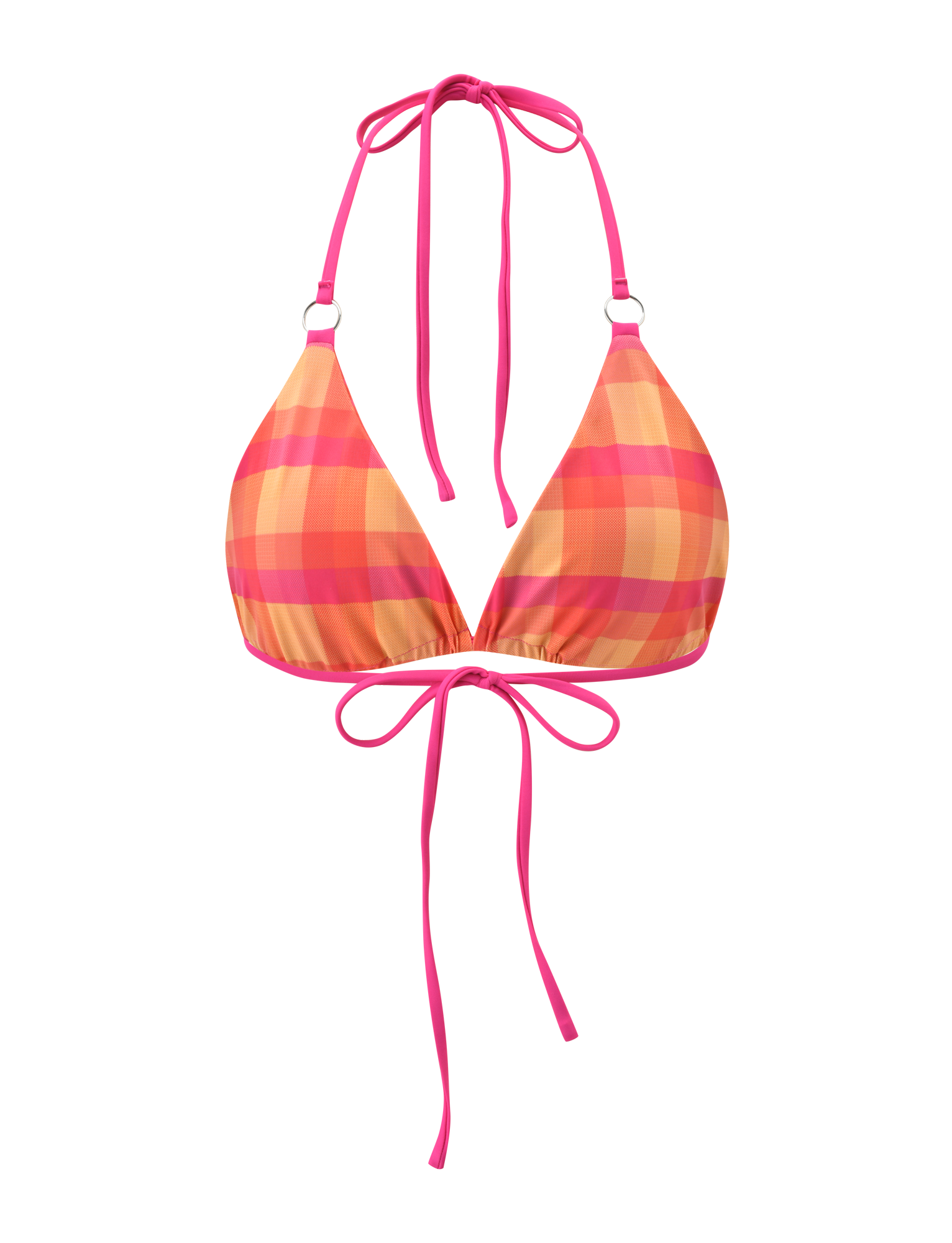 The TIGERMIST AYANNA REVERSIBLE BIKINI TOP - GINGHAM AND RESORT PLAID features a vibrant pink, orange, and yellow plaid print with pink straps. This halter neck top ties at the back and front for a customizable fit.