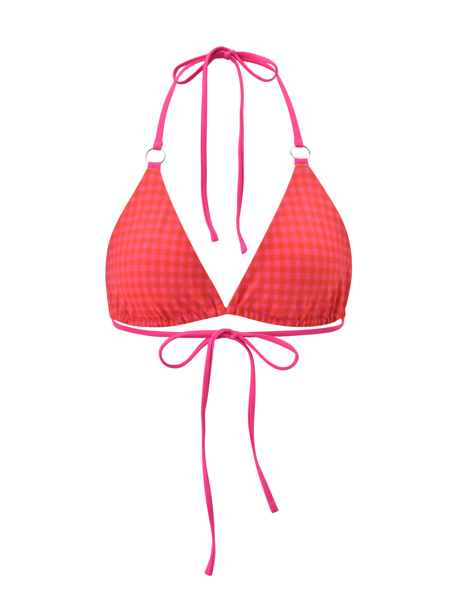 The TIGERMIST AYANNA REVERSIBLE BIKINI TOP - GINGHAM AND RESORT PLAID features adjustable halter and back ties in a pink and red plaid print, shown against a plain white background.