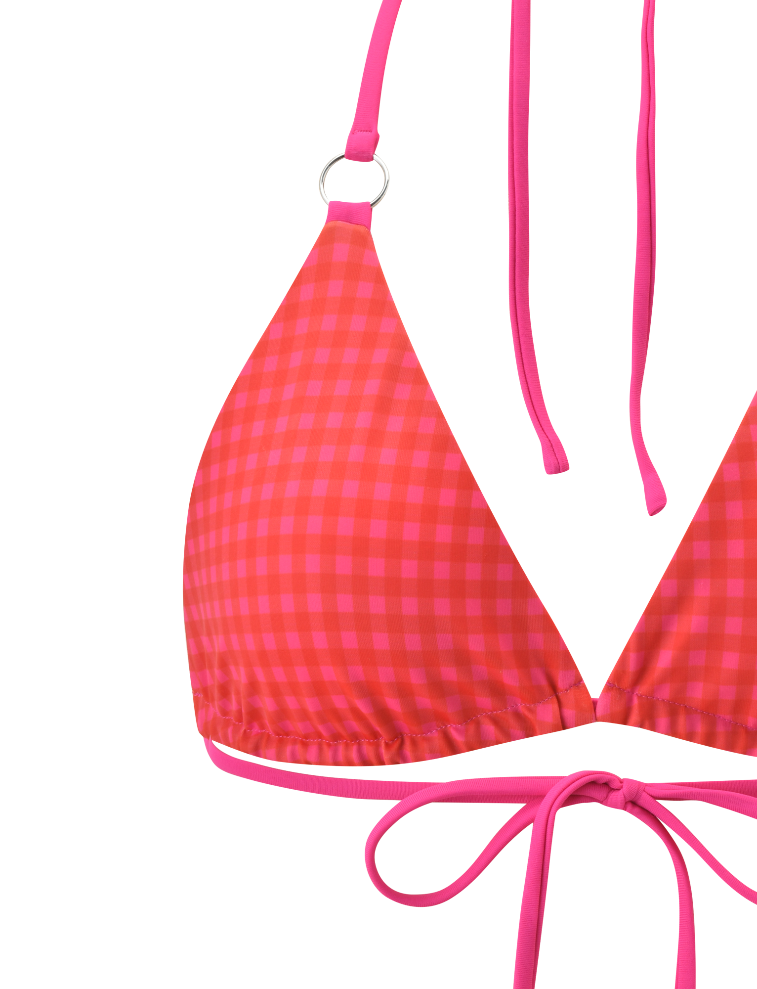 Close-up of the TIGERMIST AYANNA REVERSIBLE BIKINI TOP in gingham and resort plaid print, with halter neck and back ties and a silver ring detail on one strap, shown against a plain white background.