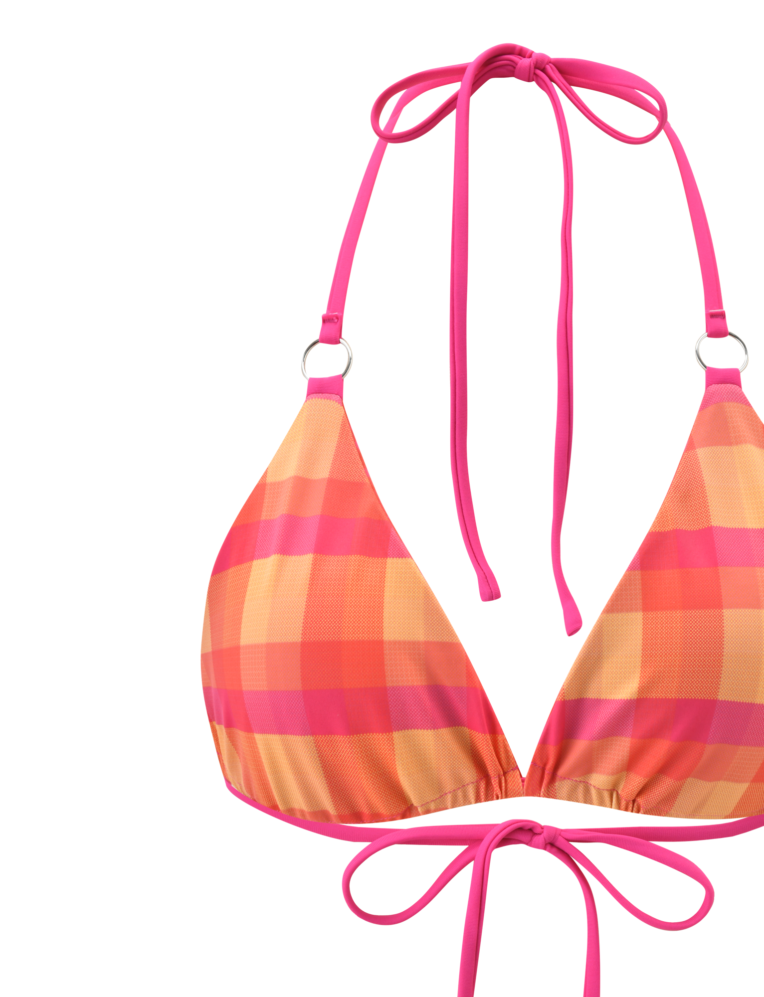 A close-up of the TIGERMIST AYANNA REVERSIBLE BIKINI TOP - GINGHAM AND RESORT PLAID shows its orange, pink, and yellow plaid print with solid bright pink straps, displayed on a white background.