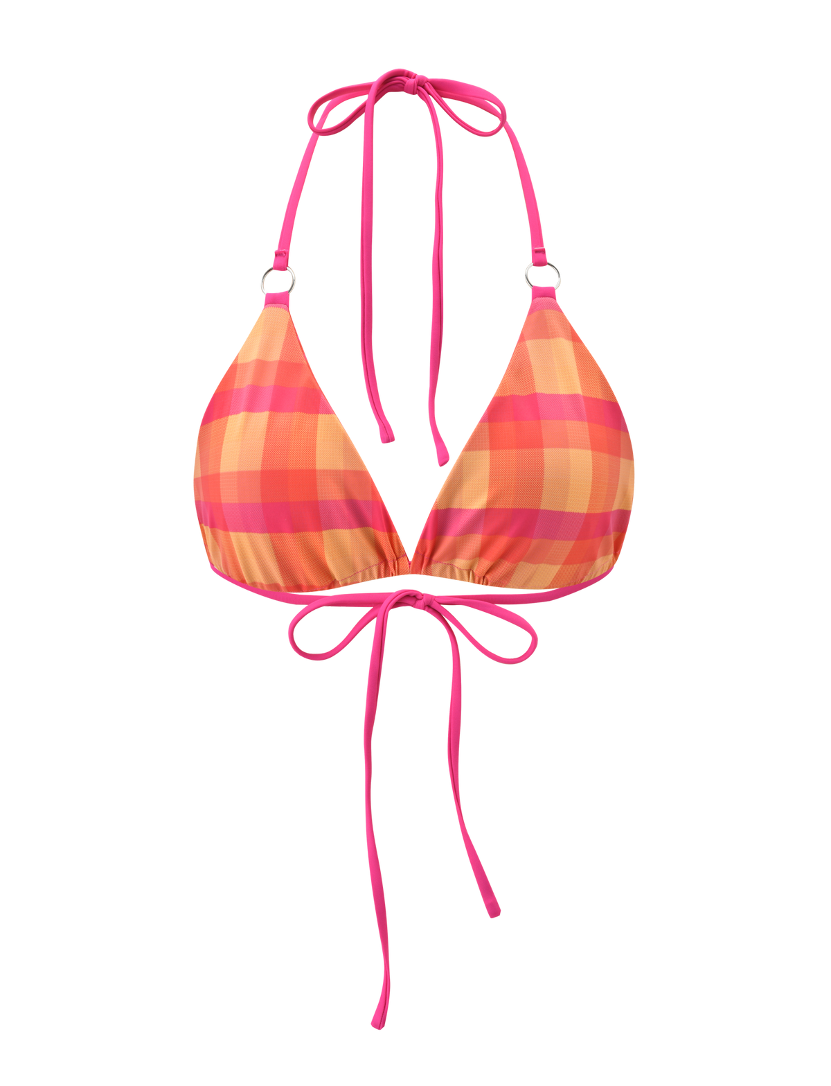 The AYANNA REVERSIBLE BIKINI TOP - GINGHAM AND RESORT PLAID by TIGERMIST is a triangle bikini in pink, orange, and yellow plaid with pink neck and back ties, shown on a white background.