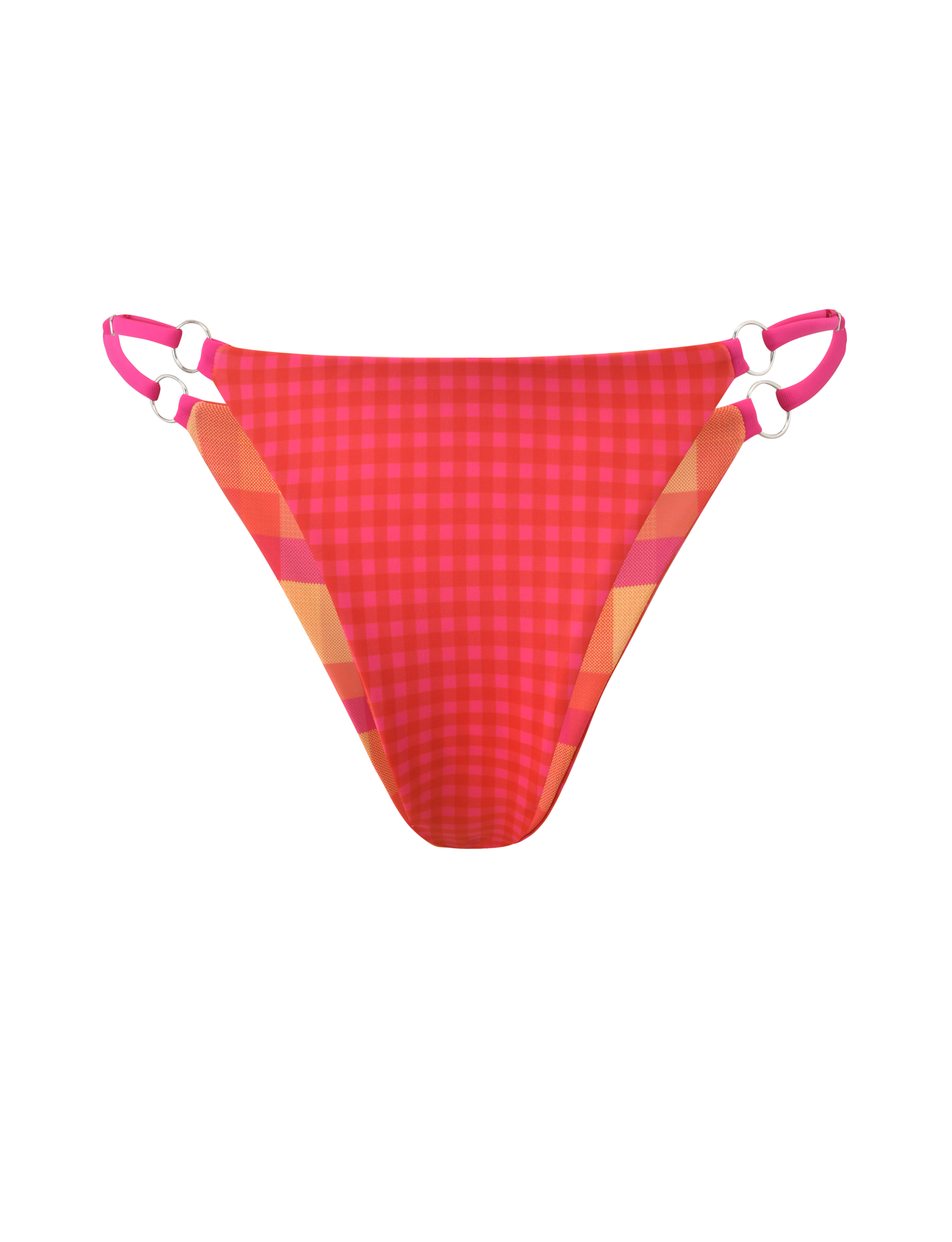 The AYANNA Reversible Bikini Bottom by TIGERMIST features a pink and orange resort plaid with cheeky coverage, pink side straps, and white ring details, shown on a plain white background.
