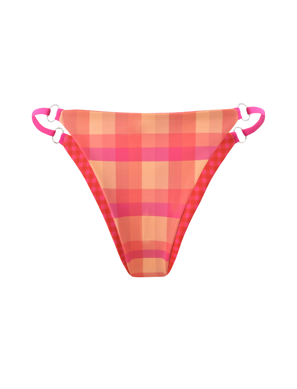 The AYANNA REVERSIBLE BIKINI BOTTOM by TIGERMIST features cheeky coverage in resort plaid with pink side straps and white ring accents, displayed on a white background.