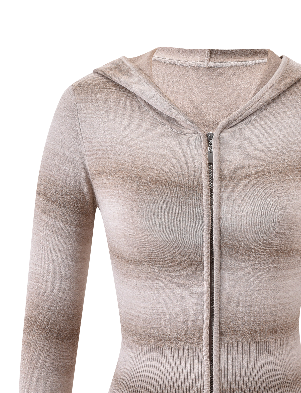 The TIGERMIST MARISSA JUMPER in Taupe Ombre Stripe features a zip-up hood and long sleeves, shown in close-up on a plain white background.