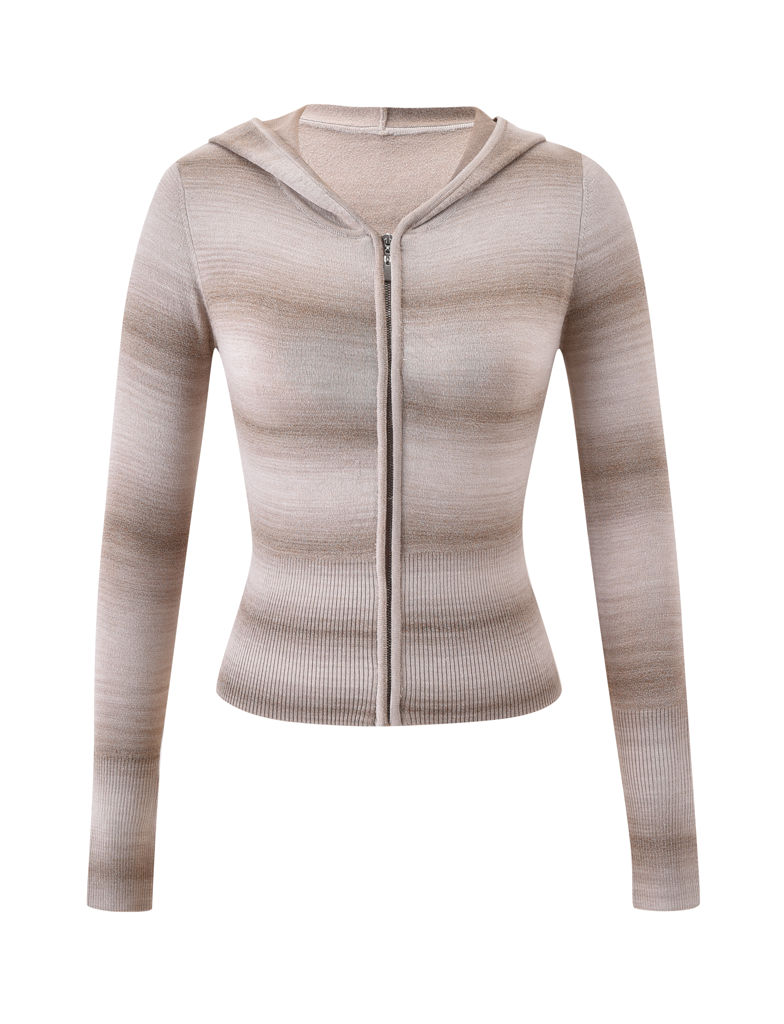 The TIGERMIST MARISSA JUMPER - TAUPE OMBRE STRIPE is a fitted, long-sleeve hooded knit featuring subtle beige and light brown horizontal stripes, shown against a plain white background.