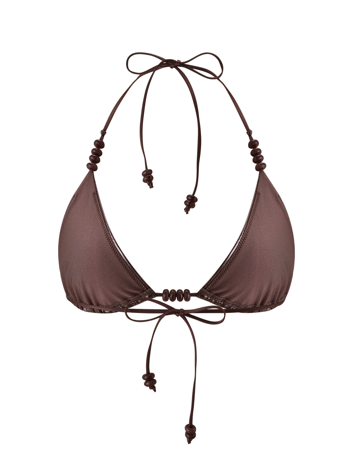 The FINLEA BIKINI TOP - BRONZE by TIGERMIST is a brown triangle bikini with a slight sheen, adjustable halter and back ties, and small round bead accents on the straps, shown against a plain white background.