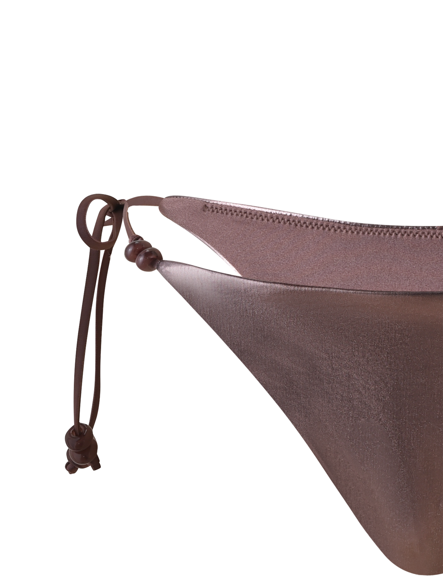 Close-up of the side of the FINLEA BIKINI BOTTOM in bronze by TIGERMIST, featuring a tie string with small round beads at the ends, isolated on a white background.