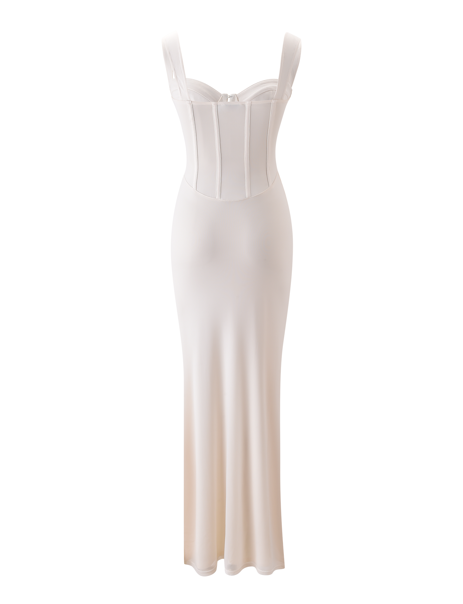 The TIGERMIST GINNY MAXI DRESS in off white features a fitted, corseted bodice with ruched bust cups and wide straps, flowing into a slim, floor-length skirt for an elegant look.