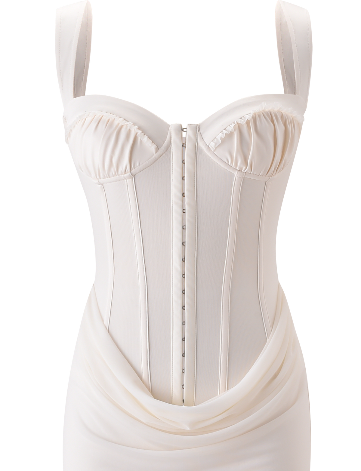 The TIGERMIST GINNY MAXI DRESS in off white features a corseted bodice with visible boning, ruched bust cups, front hook-and-eye closures, and draped mesh at the waist, shown on a plain white background.