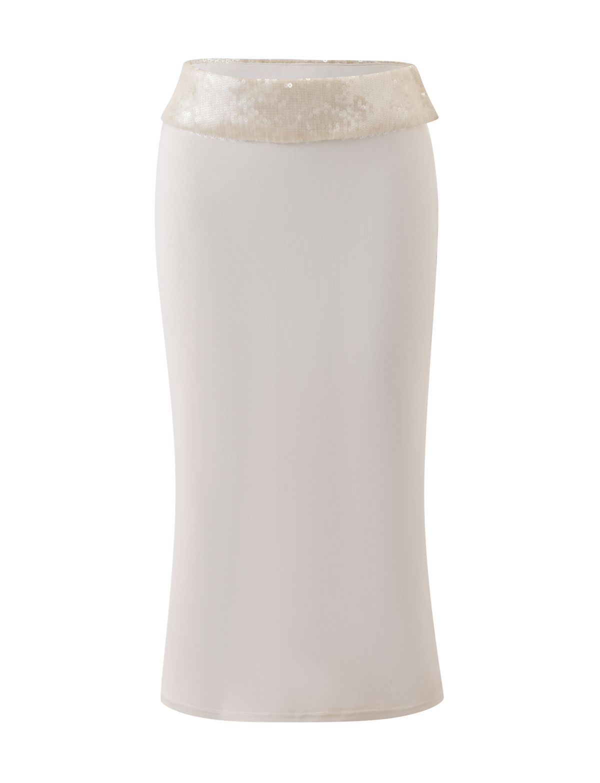 The TIGERMIST CHARLYZE MIDI SKIRT in cream features a body-hugging silhouette and a shiny sequined waistband, shown on a plain white background.