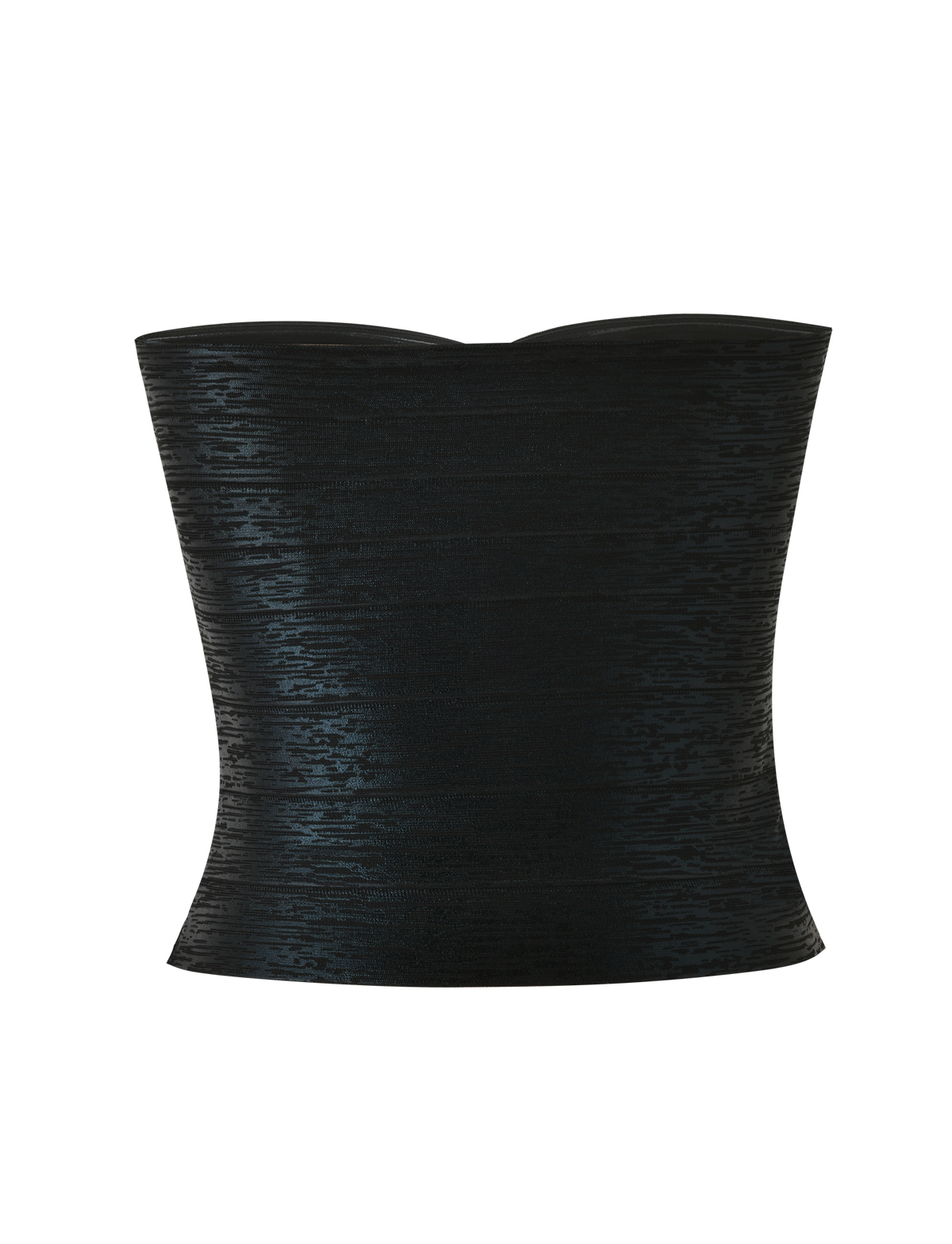 The TIGERMIST NIYA METALLIC BANDAGE TOP in black is a strapless corset-style piece with a slight sheen, textured finish, and subtle sweetheart neckline, shown against a plain white background.