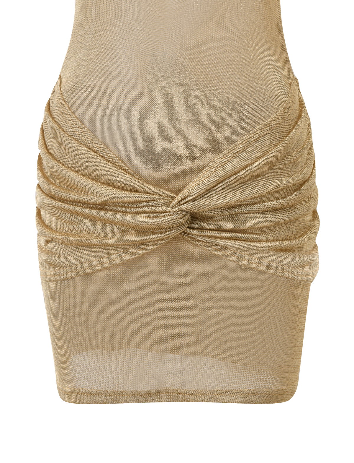 Close-up of the TIGERMIST ZOSIA MINI DRESS in gold, a beige semi-sheer bodycon design with ruched details and a twisted waist knot, styled over a satin bralette. The lightweight fabric reveals subtle transparency.
