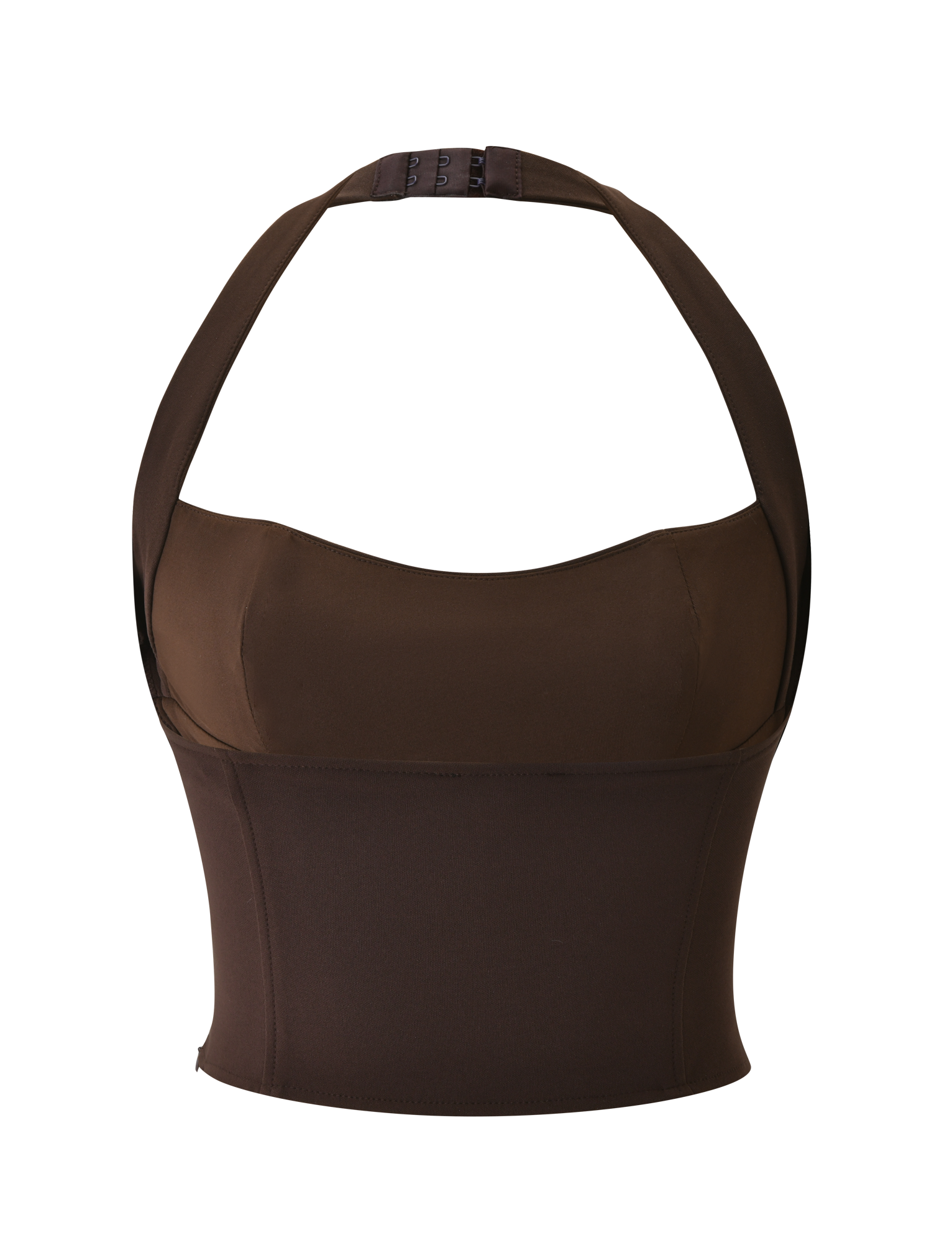 The TIGERMIST KITTIE BUCKLE TOP - CHOCOLATE is a sleeveless, fitted top featuring a halter neck strap and corset-inspired structure with a subtle push-up effect, showcased against a plain white background.