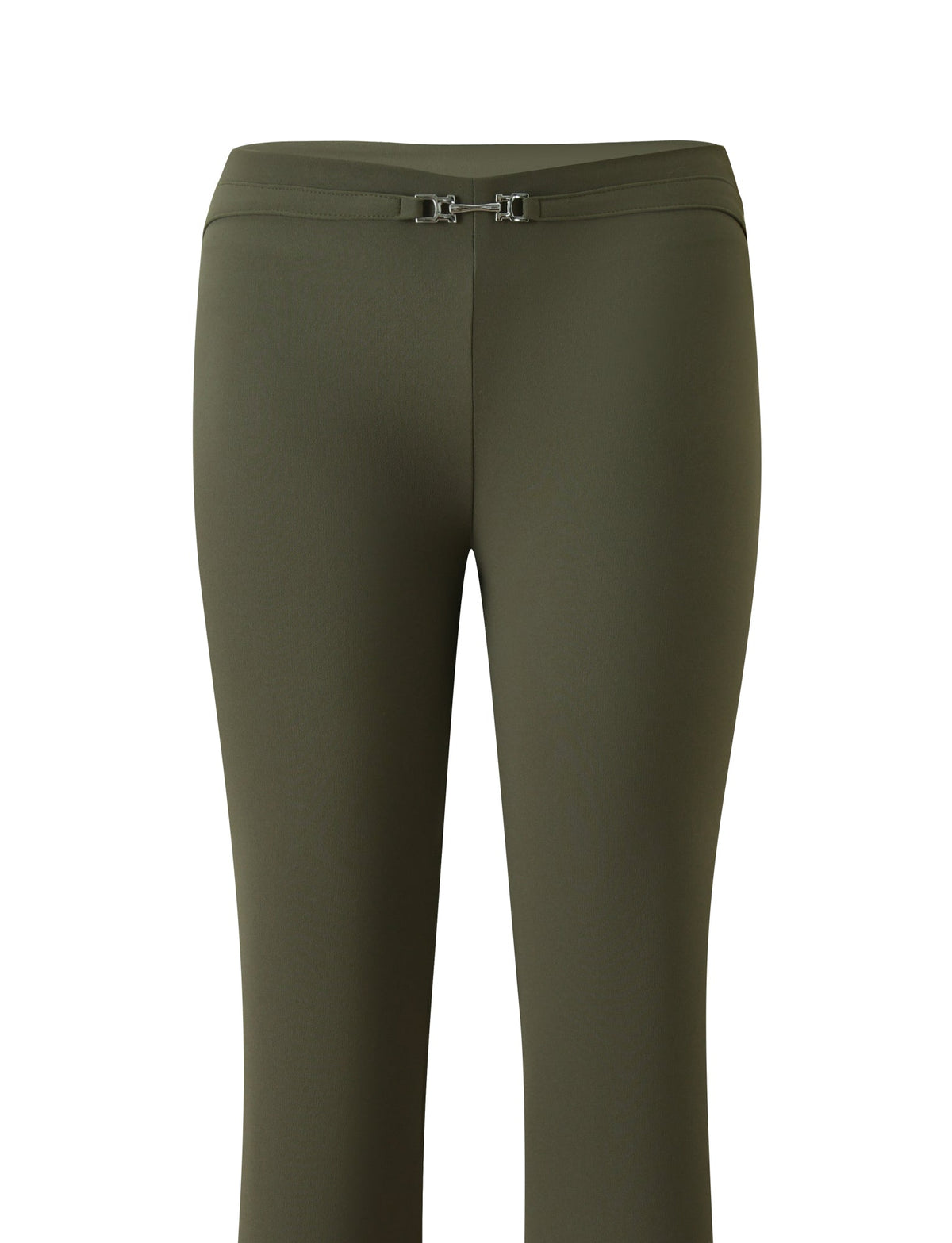 KITTIE BUCKLE PANT - OLIVE flared leg leggings in olive green with a metal buckle detail at the center front waistband.