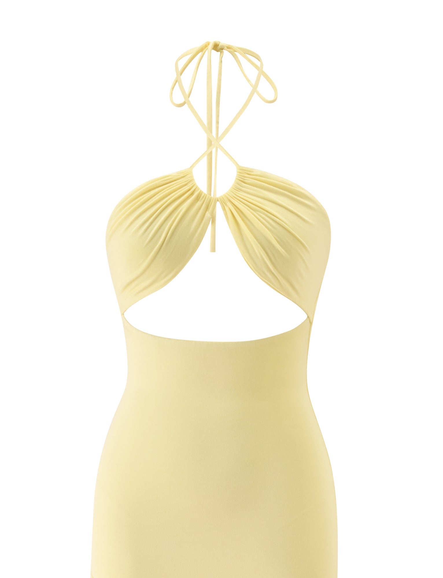 The LILIE MIDI DRESS by TIGERMIST in butter yellow showcases a halter neckline, ruched bust detailing, a keyhole front cutout, and open sides, displayed against a plain white background.