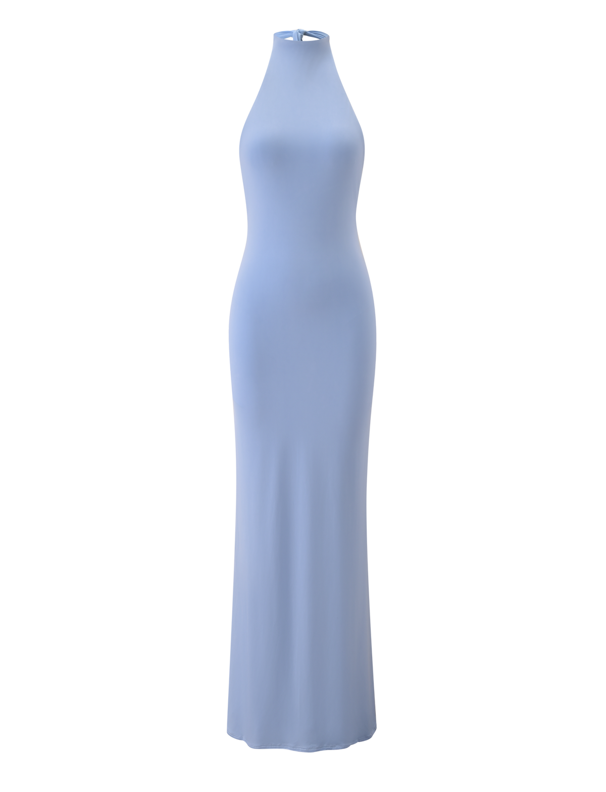 The TIGERMIST MADDY MAXI DRESS in baby blue is a sleeveless, fitted maxi dress with a high halter neckline, shown against a plain white background.
