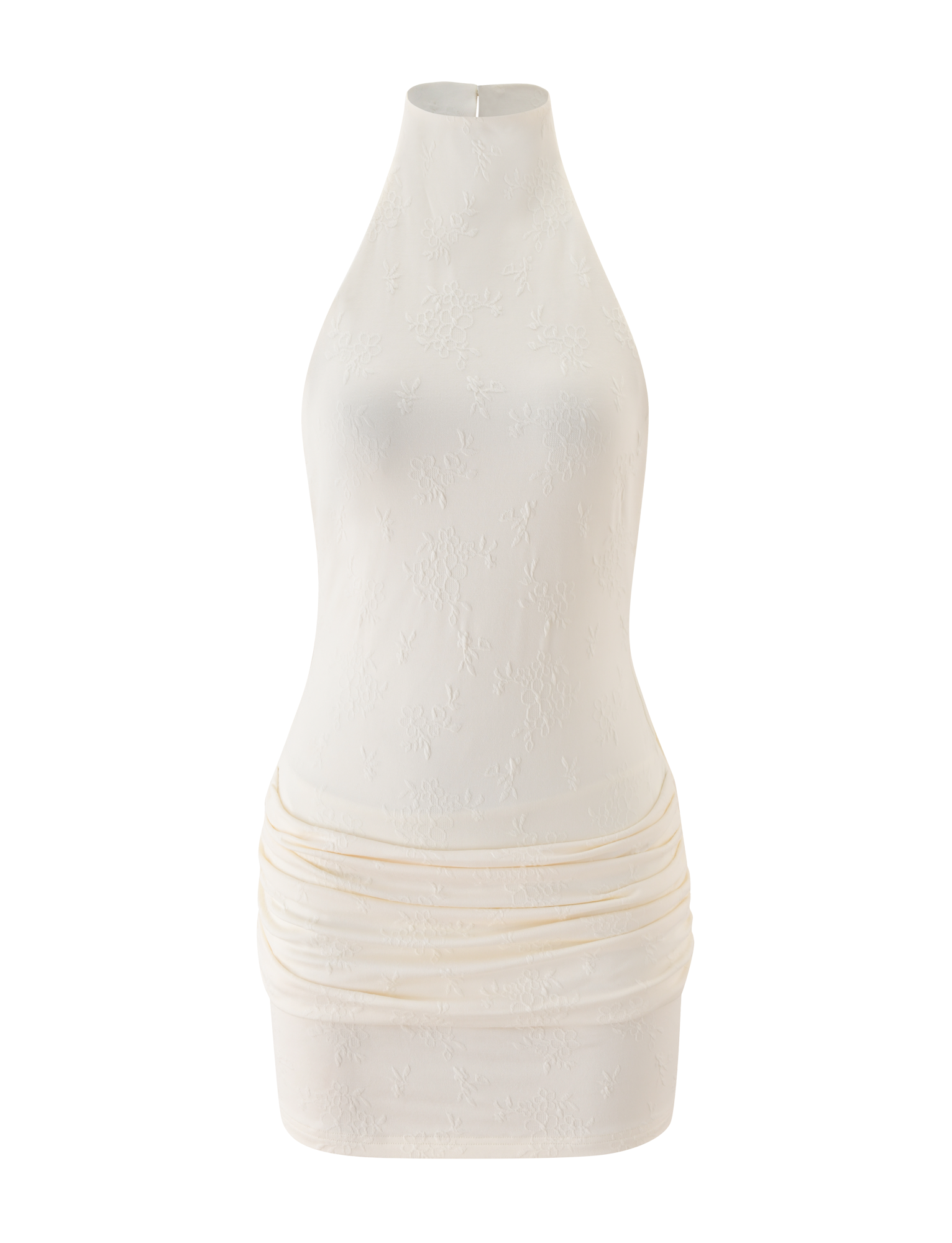 The TIGERMIST CAITLIN MINI DRESS in cream features a sleeveless, high-neck design with subtle floral jacquard texture and delicate skirt ruching, shown on a plain white background.