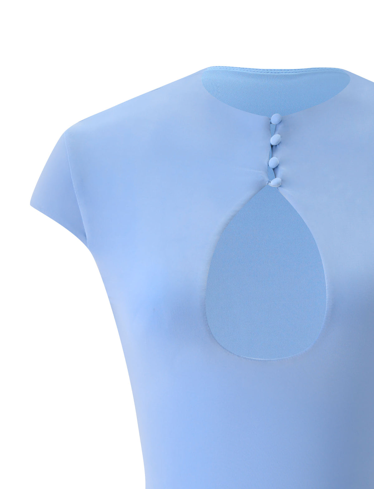 Show off your style with the TIGERMIST MILLS MINI DRESS in baby blue, featuring short sleeves, a teardrop-shaped chest cutout, and four fabric-covered buttons along a vertical placket near the neckline—perfect for adding a unique twist to your classic summer party look.