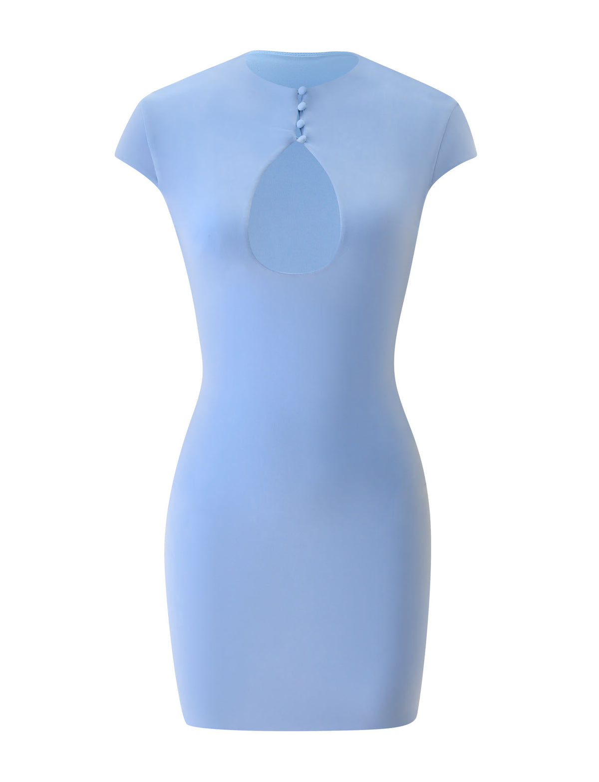 The MILLS MINI DRESS - BABY BLUE by TIGERMIST is a light blue, short-sleeved bodycon mini dress featuring a high neckline with three buttons and a striking teardrop-shaped cutout at the chest. With its clean lines and minimalist design, this baby blue dress is perfect for summer parties.